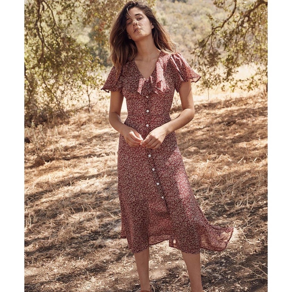 Christy Dawn The Daisy Floral Tulip Sleeve Sheer Midi Dress in Oxblood Meadow XS